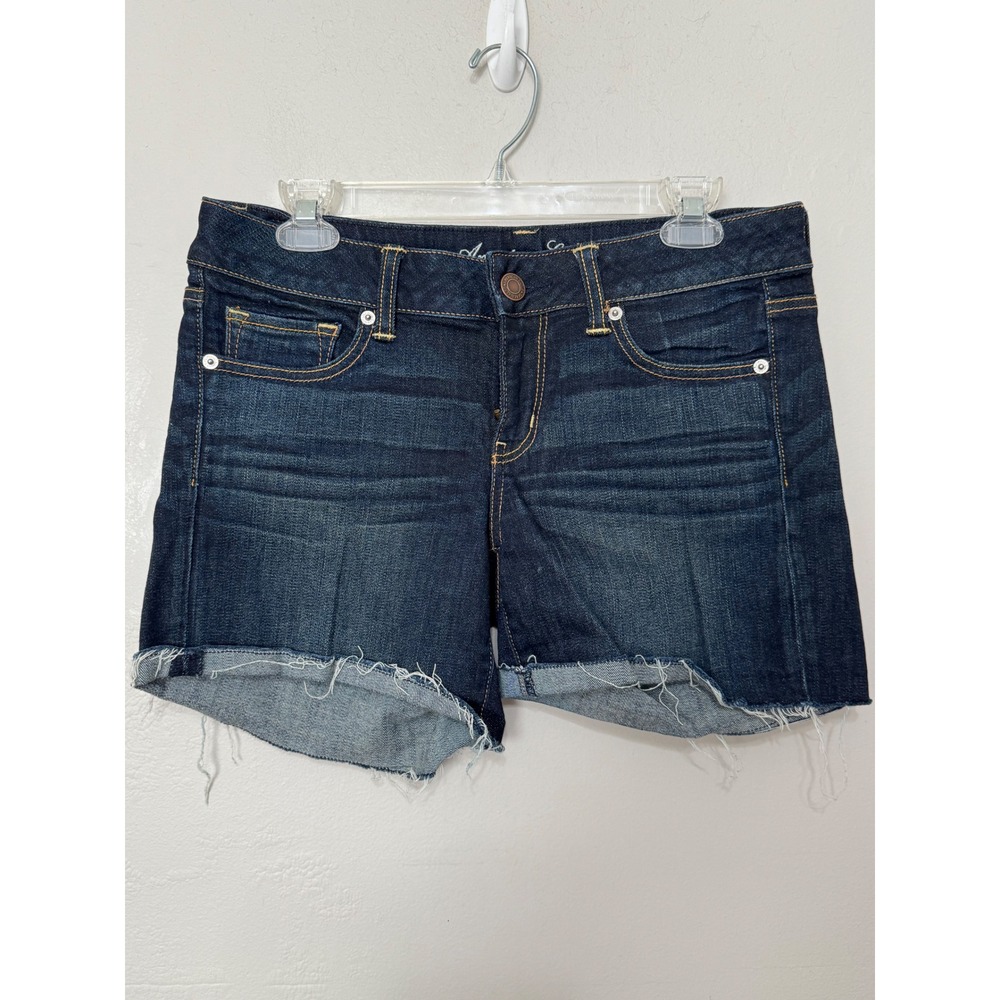American Eagle Stretch‎ Dark Wash Raw Hem Denim Jean Shorts Womens Low Rise 10